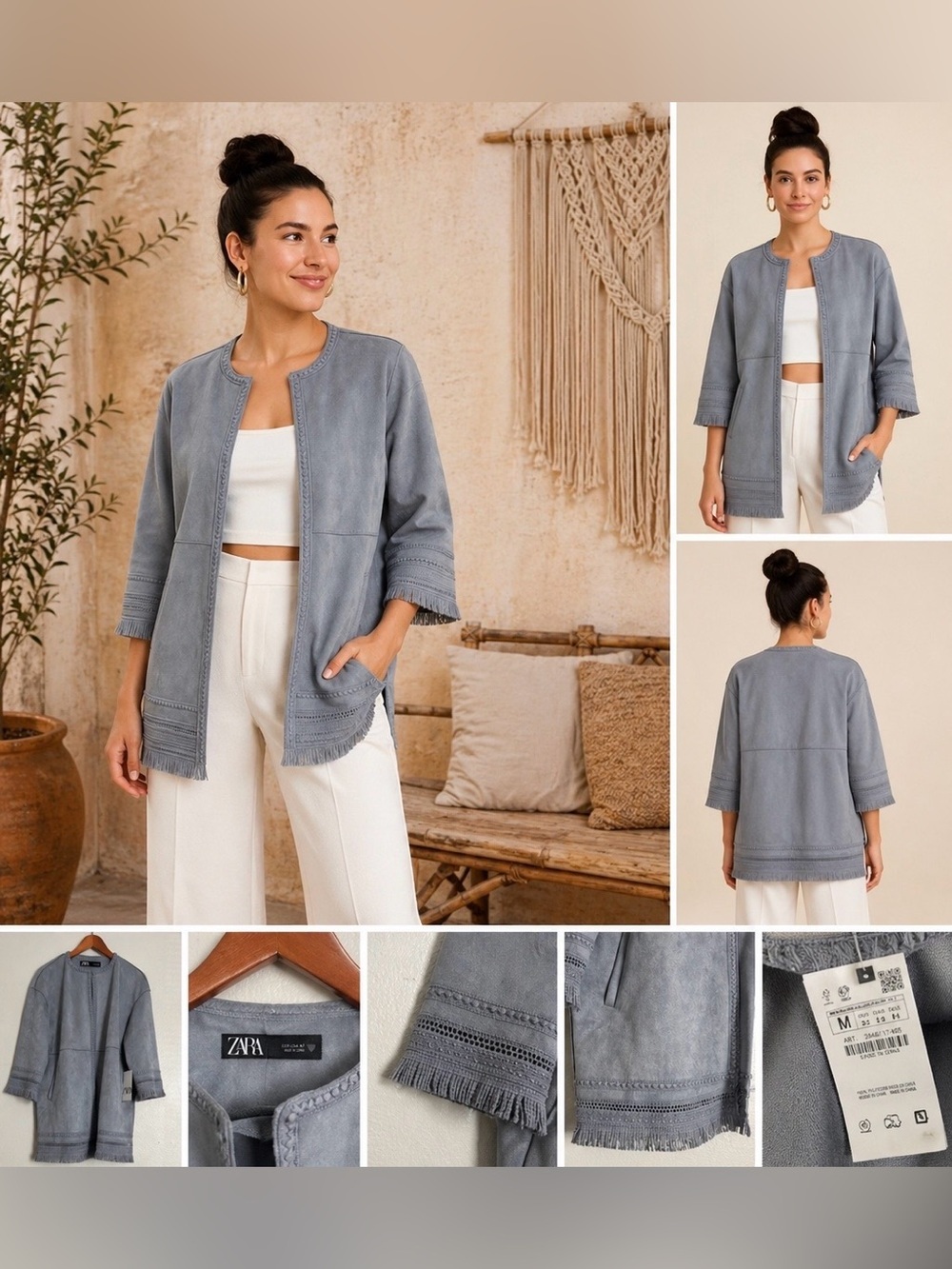 ZARA Boho Fringe Jacket Faux Suede Gray Blue M NWT